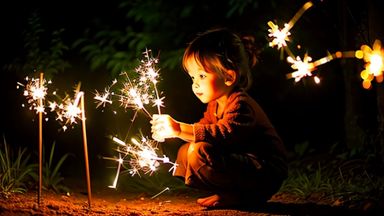 Sparklers in the garden、Sparklers and children in yukata、