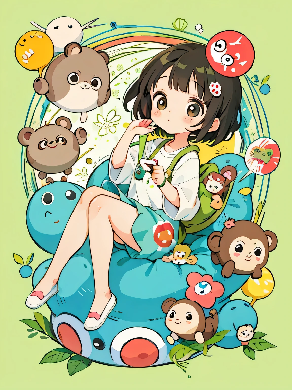Takashi Murakami style, Kawaii Design, The most beautiful girl of all time、Chibi, monkey, play together、Totoro Forest
