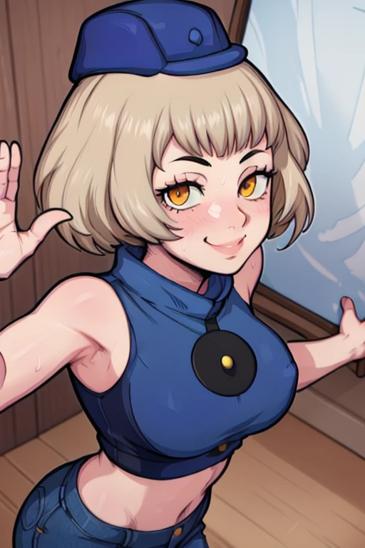 masterpiece, best quality, elizabeth persona 3, wearing blue hat, croptop, blue pants, looking at viewer, large breasts, upper body, portrait, looking at viewer, seductive smile, both hands raised, armpits, armpits visible, sweaty armpits, from above,