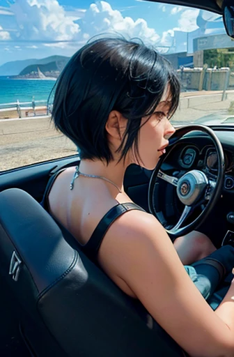 Woman driving a classic car　30 years old　Black Hair　short hair　A depiction of someone holding the wheel and driving　profile　summer coastline　