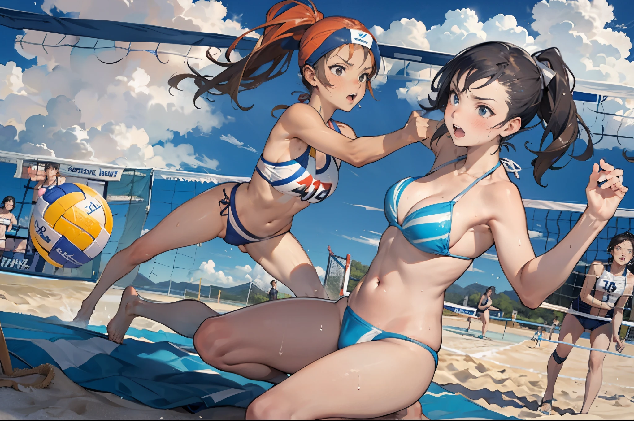 (super flat, flat shading), Honors Type, Really blushing, 17 years old, (beach volleyball Match:1.5), 2girls, (fighting:1.5), wearing white (high-cut bikini swimwear:1.5), wedgie:1.5, cameltoe:1.7, sports shoes, ponytail brown hair, sweaty healthy body, sweaty soaking wet full body, bare legs, navel, ultra realistic, breeze, in crowded public beach, 