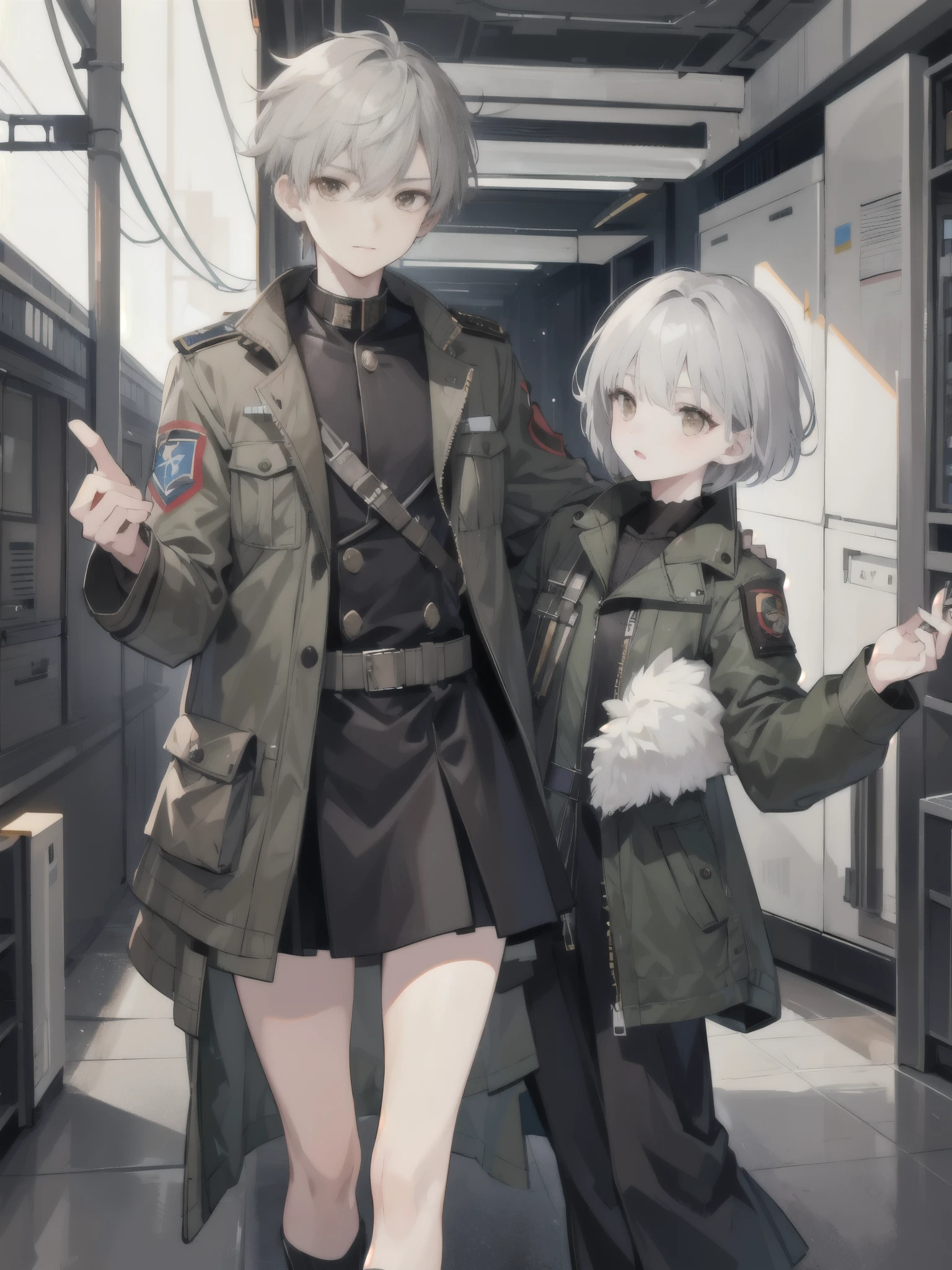 a boy, Military jacket, grey hair, short hair, brown eyes, idol costume, dress, 