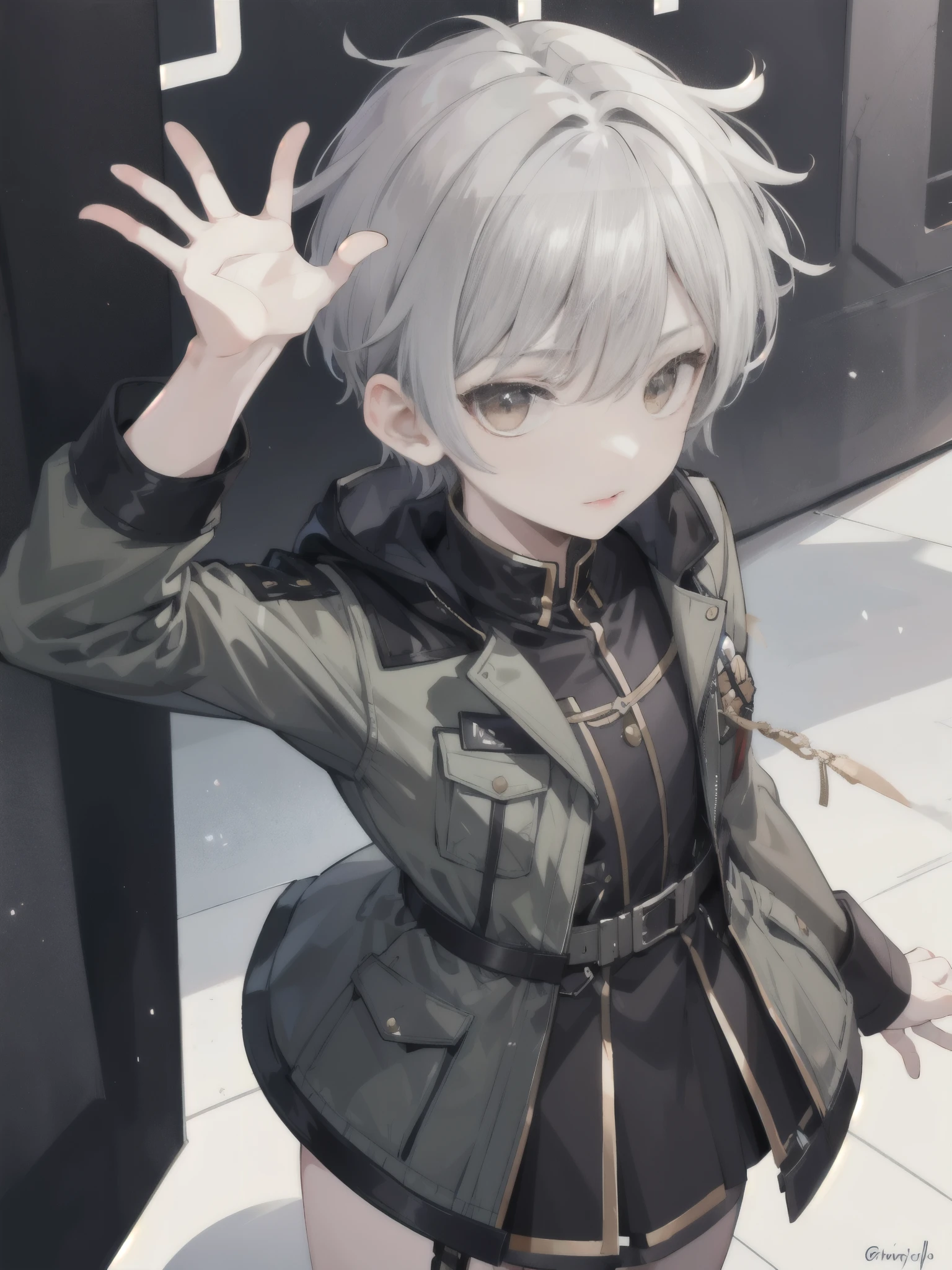 a boy, Military jacket, grey hair, short hair, brown eyes, idol costume, dress, 