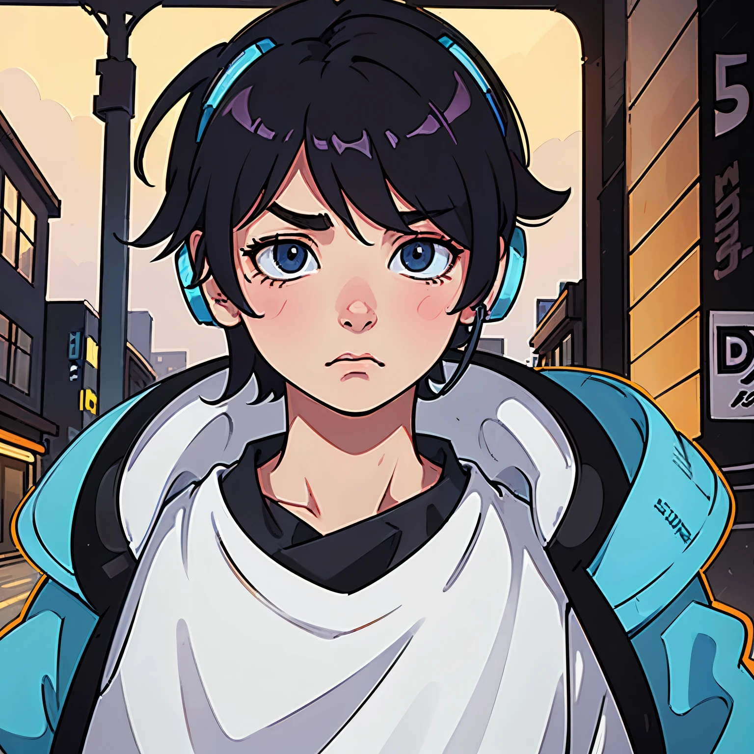 a sad boy with headphones, digital art, vibrant colors, detailed features, high-resolution, emotional expression, urban background, street art style, dramatic lighting