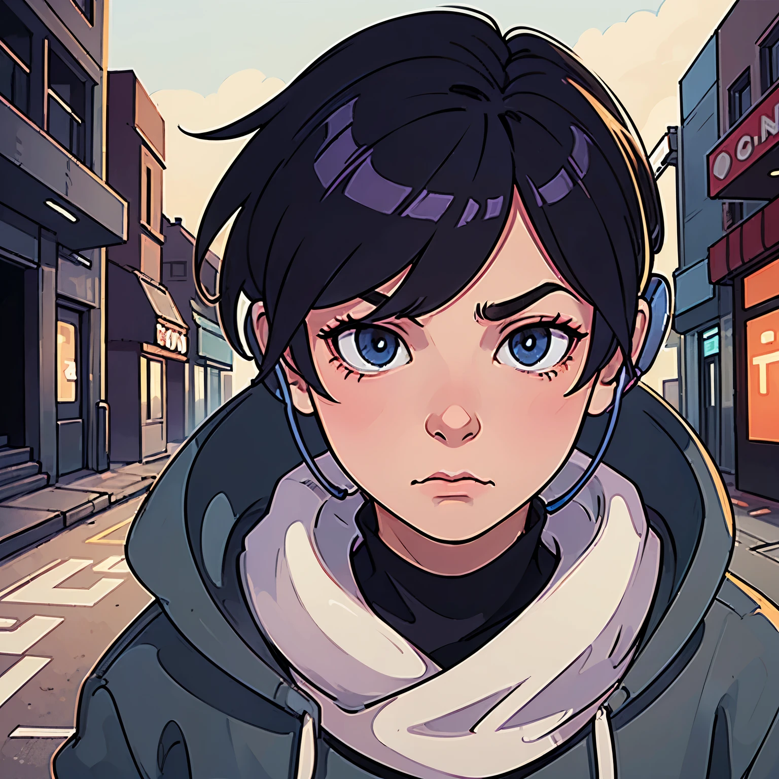 a sad boy with headphones, digital art, vibrant colors, detailed features, high-resolution, emotional expression, urban background, street art style, dramatic lighting