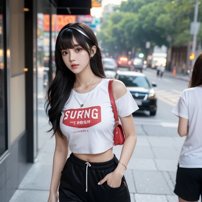 Busty women,blunt bangs,Thighs,Black Hair,Voluminous long hair that reaches down to the waist,Wavy long hair,running,looking at the camera,hot pants,T-Shirts,hair band,,listening to music with earphones,Smartphone hanging around his neck,double eyelid,