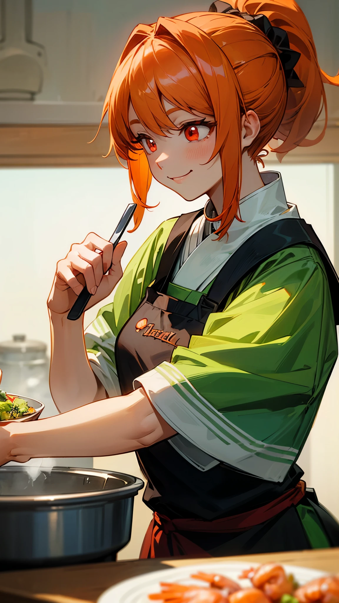 High quality anime paintings、Cute shrimp woman is cooking delicious food in the kitchen、Glowing orange hair、ponytail、Round red eyes、From the side、Peasant Tunic、Blue Apron、Wicked Smile、Upper body close-up