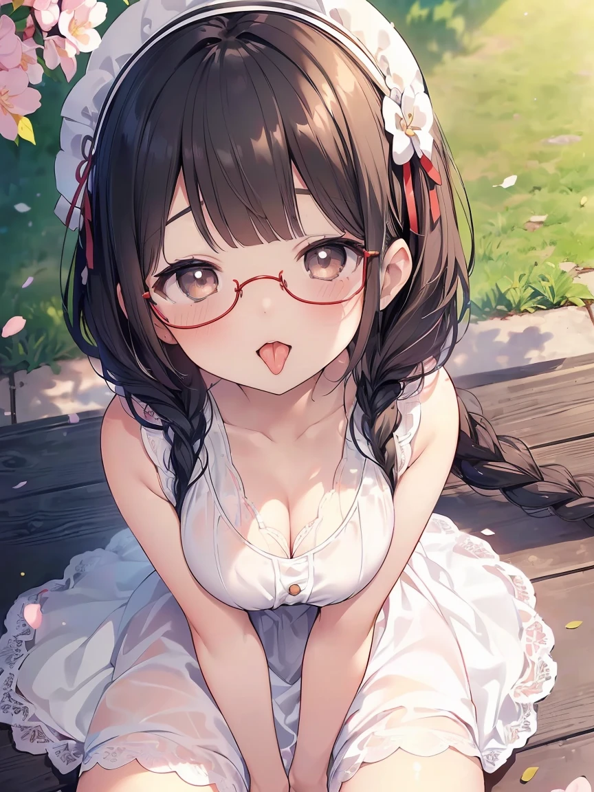 Very detailed, highest quality, High resolution, Moe Anime, ((A cute elementary school girl with black hair and droopy eyes)), ((Wearing large round glasses:1.4)), (Baby Face), Cute eyes, Detailed eye depiction, Sparkle in the eyes, View your viewers, Pale skin, (Big eyes:1.4, Droopy eyes:1.4, Fatty face:1.4), smile, Focus on the face, In the park with cherry blossoms falling, Sitting, (Extreme close up of tongue), (((From above))), Open your mouth, (((Face only:1.3))), ((white lace sleeveless dress)), Bright Eyes, Light from the front, (Put your hands between your legs:1.4), large and long tongue, Cleavage, Braided Hair, Red ribbon