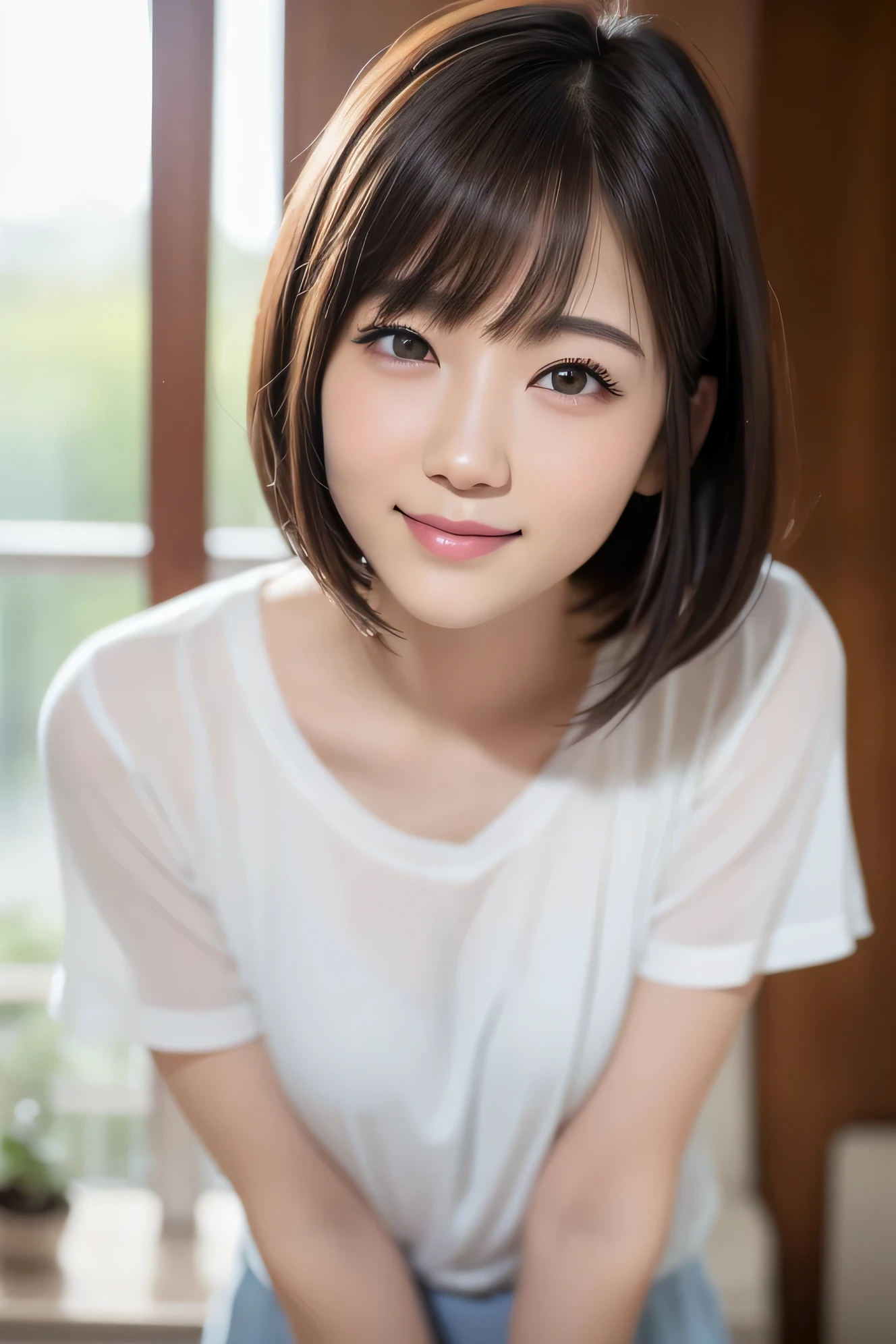 (highest quality:1.5)、(Realistic:1.5)、(1 person:1.5)、(Upper Body:1.5)、Very detailed、High resolution、8k wallpaper、、Small breasts、Natural color lips、Cute Smile、Japanese women、20-year-old girl、Beautiful and elegant face、Perfect and beautiful face、Big eyes、Brunette eyes、Beautiful and elegant face、Natural double eyelids、Natural Bangs、Beautiful thin nose、Beautiful Skin、Chestnut Hair、Medium Bob Hair、Short Hair、Natural Bangs、Perfect and beautiful face、Slim face and figure、(Looking at the camera with a cute expression)、Bright lighting、Professional Lighting、Forward lighting、Cute Smile、Clothes by Violet Evergarden、Violet Evergarden、Facing forward、Simple poses、Fair skin、slender、Glowing Skin、Beautiful Skin、