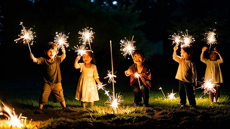 A seasonal feature of midsummer in Japan、Sparklers in the garden、Sparklers and children in yukata、