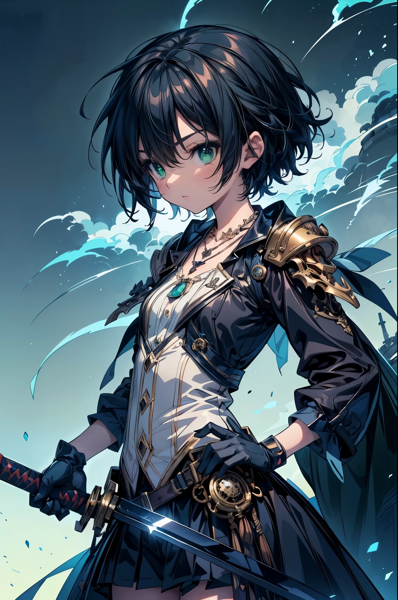 (masterpiece:1.2), (highest quality:1.2), Ultra-high resolution, Very detailed, ((Anime girl with glowing sword)),Machine War, (Sapphire Sword, Hold the sword at your side, covered one eye), Blue Flame, Feel the magical energy, (avert your eyes:1.4), Surreal Girl, (1 person,Lolita,boyish, , 13 years old:1.3),Severe, Full Finger,, The charm of androgyny, (Very short hair), ((Black Hair)), Messy Hair, small and soft breasts,Slender body, Small Ass, Small green eyes,Fine and beautiful eyes, Well-proportioned iris and pupil, Expressive eyes, Beautiful and detailed lips, High resolution detailed hair, Perfect Eyes, Perfect Face, Perfect lighting, ((Light green necklace)), brown outfit, put goggles around your neck, light green tie,(steampunk), ((Steam Engineer)), put on gloves, enemy, mechanical,Steam Machinery, Equipment, pipe, Industrial Revolution, (Steam spewing out from pipes:1.2), Fantasy, ultra high density skin, (Dynamic Angle, Dynamic pose), Digital anime art,Anime style illustrations,Anime illustration