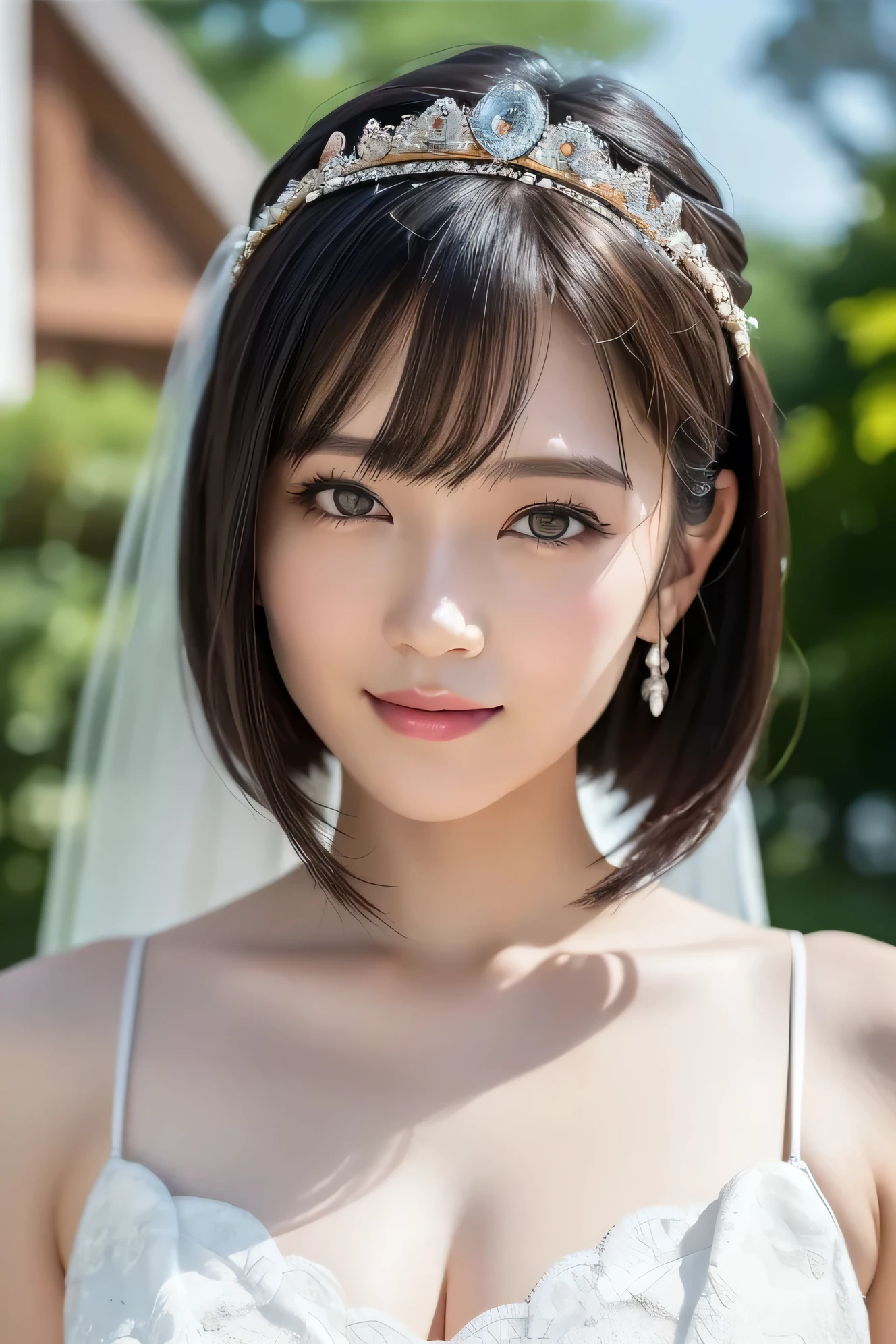 (highest quality:1.5)、(Realistic:1.5)、(1 person:1.5)、(Upper Body:1.5)、Very detailed、High resolution、8k wallpaper、、Small breasts、Natural color lips、Cute Smile、Japanese women、20-year-old girl、Beautiful and elegant face、Perfect and beautiful face、Big eyes、Brunette's eyes、Beautiful and elegant face、Perfect and beautiful double eyelids、Natural Bangs、Beautiful thin nose、Beautiful Skin、Chestnut Hair、Medium Bob Hair、Shortcuts、Natural Bangs、Perfect and beautiful face、Slim face and figure、(Looking at the camera)、Bright lighting、Professional Lighting、Forward lighting、Natural smile、church、Princess line wedding dress、tiara、Beautiful cleavage、