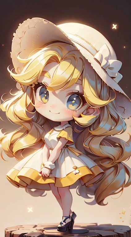 1 girl, Chibi T-shirt, Yellow Hair, Luxury Fabric,,deep, Looking at the audience, White Background、pretty girl、Mischievous look、Luxury Dresses、Best image quality、masterpiece、Straight hair、hat、Cute Girls、smile、high resolution、Ultra delicate、Cute eyes