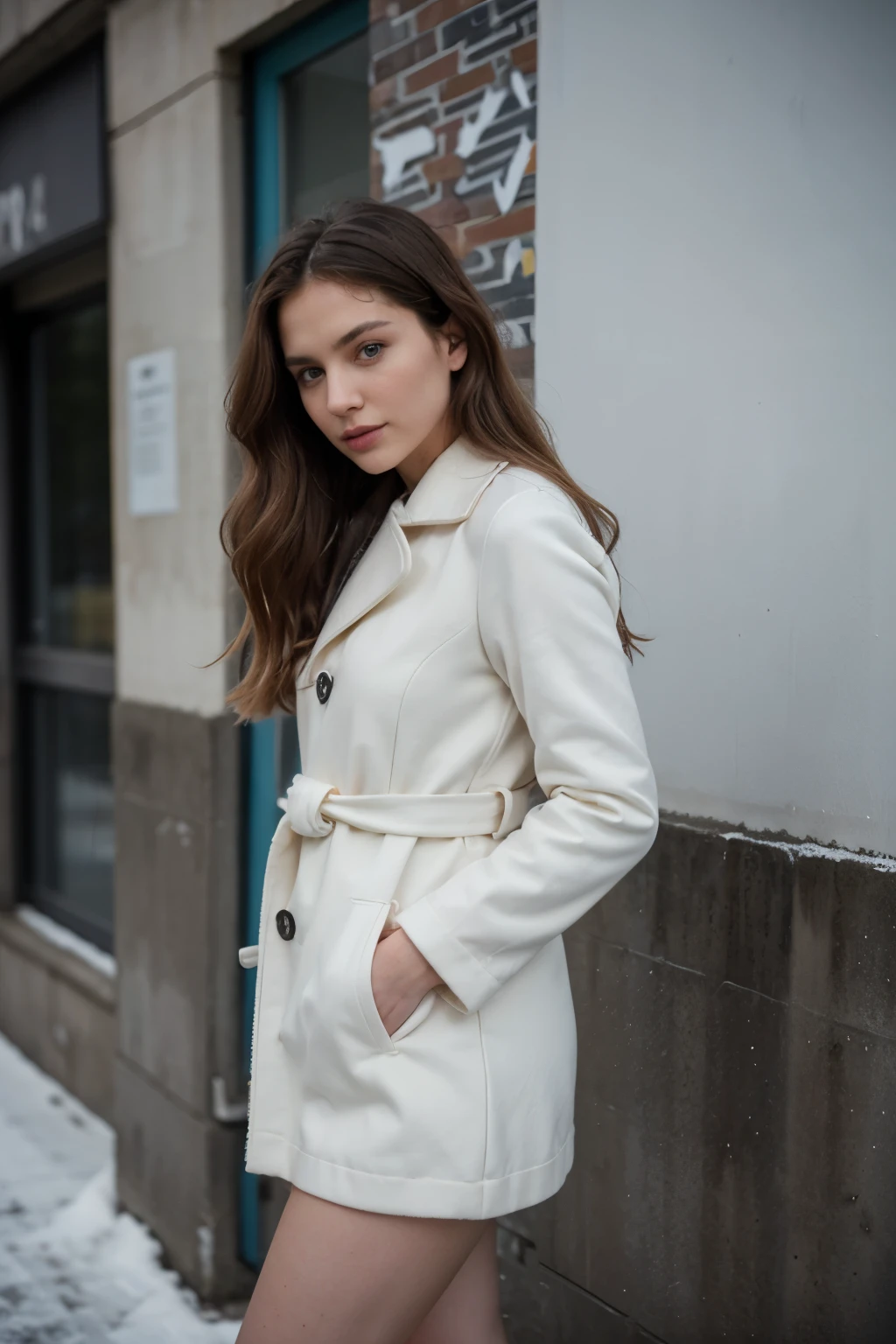 Cinematics photo,stuning caucasian modelling women,long wavy hair,standing with elegance pose,wearing full colourcasual winter chlotes designer Valentino Garavani,sniker,urban graffiti,winter,Cannon EOS R6 Annie Leibovitz style
