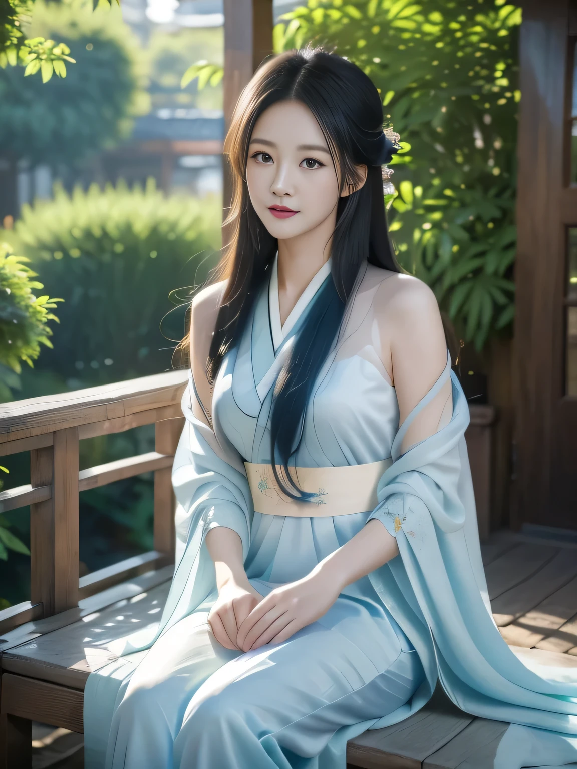 Hair shaking, victory, Long eyelashes, Solid round eye, Happy smile，A faint smile, ears red, direction, Surrealism, shadow, Relief, Stereogram, Standing picture, View, Atmospheric perspective, 8k, Super Detail, precise, best quality，A young Asian woman sitting on the porch, Looking out the window. (best quality, Practical, high resolution), sha xi, mingchen shen, Ye Xin-inspired, Chinese Girl, Wearing Hanfu, pale snow-white skin, Gentle and delicate facial features, Charming almond eyes, Her long black hair hung down her back., Sit in a relaxed posture, The surroundings are peaceful and peaceful. The porch is made of old, Weathered Wood, Gives a rustic feeling. The windows have intricately designed wooden frames, Let soft natural light shine through. This woman is wearing traditional Hanfu, Bright colors，The embroidery is exquisite. The scene is filled with a sense of tranquility, As if time had stopped, Capturing moments of quiet contemplation. The colors are warm and inviting, A soft golden light envelopes the entire scene. The overall atmosphere is peaceful, Evoke a sense of nostalgia and cultural heritage. Very high image quality, With extremely detailed features, Capture every intricate detail with precision. Soft and diffuse light, Enhances the natural beauty of women and their surroundings.