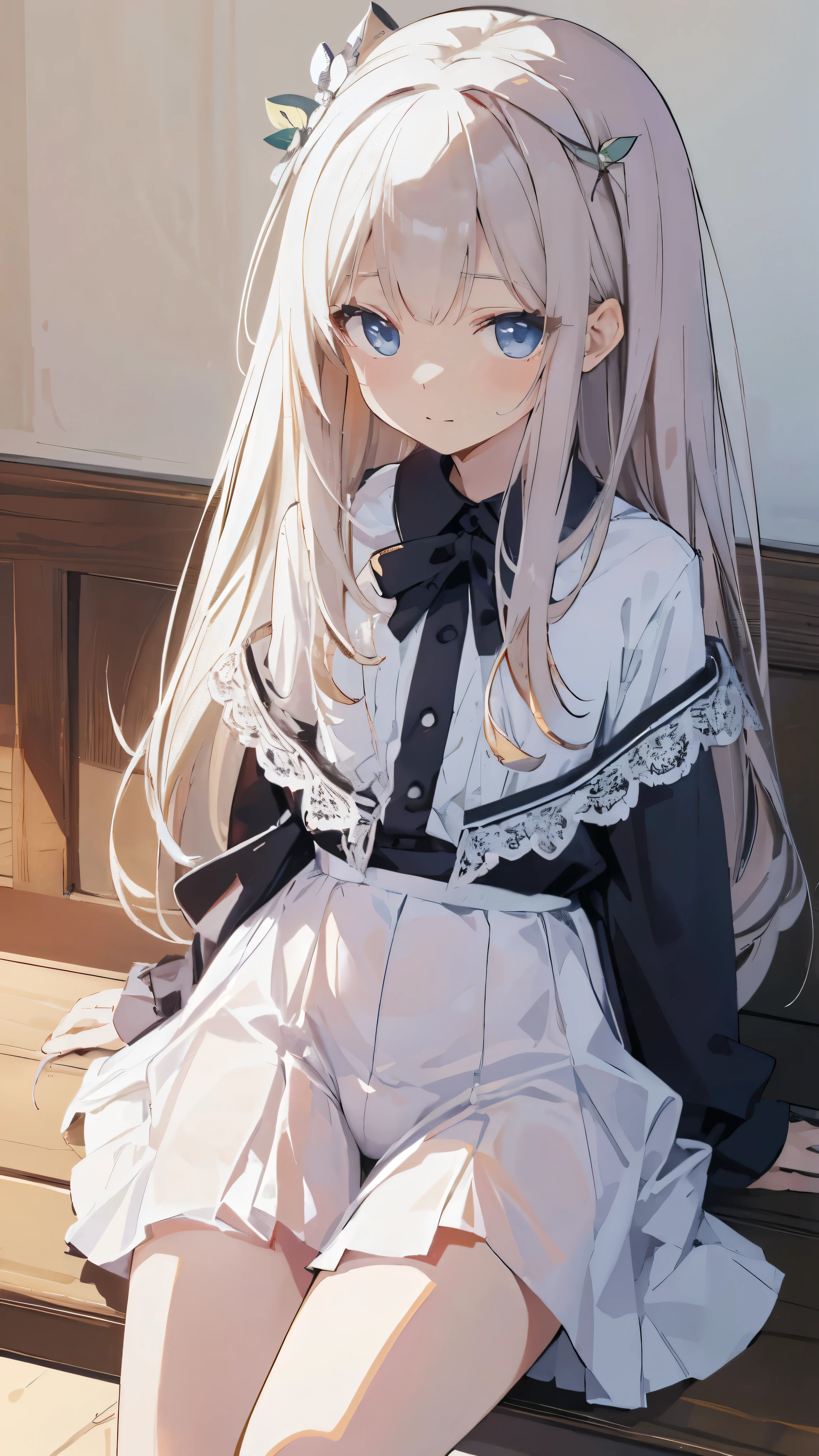Masterpiece、Highest quality、highest quality、(((Lori)))、 ((((Petite))))、Shiny hair quality、Small face、Sitting、Super detailed, beautiful, wide eyes、Ultra-detailed, clear and beautiful faces、(cute illustration:1.2), High-resolution, ultra-detailed, best quality, embarrassed、Cute white underwear、Thighs