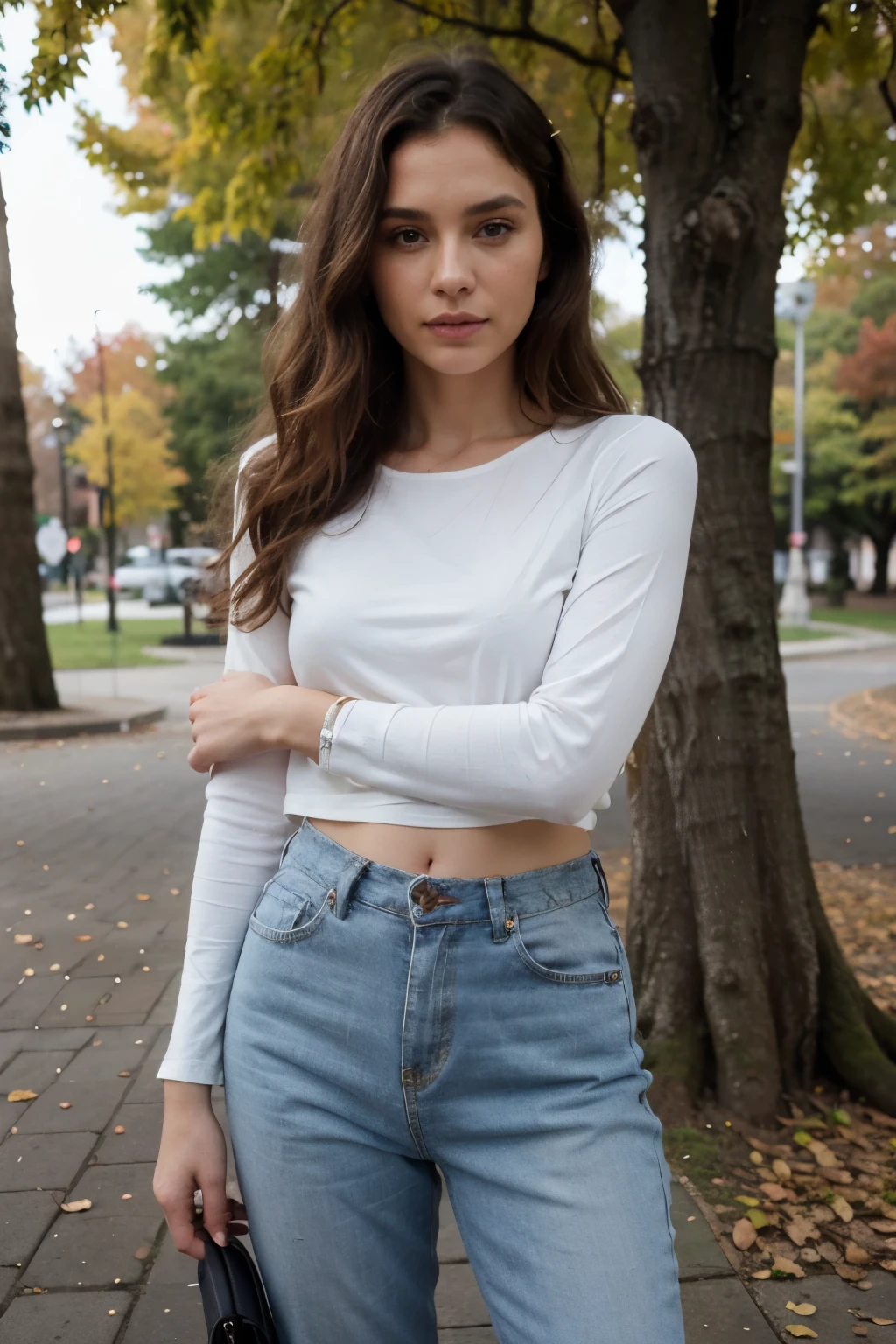 Cinematics photo,stuning caucasian modelling women,long wavy hair,standing with elegance pose,wearing full colour 🌈🌈casual Autumn chlotes designer Valentino Garavani,sniker,urban street park,Autumn,Cannon EOS R6 Annie Leibovitz style