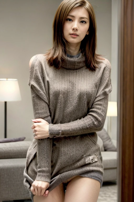 highest quality、8K、Super detailed, Female, 28 years old, alone, sksbrooke characters, sksbrooke, (masterpiece:1.2), (highest quality:1.2), Perfect Eyes, Perfect Face, 1 Girl, alone, Brown eyes, (Medium chest), Firm breasts, Wearing a blue sweater dress,((No underwear under the sweater:1.3)) Living Room Background 、Real Photo:1.6