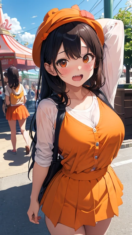 masterpiece、highest quality、Very detailed、Photograph the upper body、1 female、(Put your arms behind your back:1.2)、Are standing、Turn your body forward、View your viewers、(amusement parkのスタッフ、orange-lady's-suit,orange-mini-skirt,orange-mini-round-hat)、break,blush、shy、Pink Hair、Open your mouth、amusement park、Big Breasts、