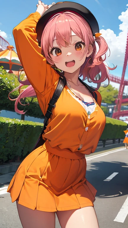 masterpiece、highest quality、Very detailed、Photograph the upper body、1 female、(Put your arms behind your back:1.2)、Are standing、Turn your body forward、View your viewers、(amusement parkのスタッフ、orange-lady's-suit,orange-mini-skirt,orange-mini-round-hat)、break,blush、shy、Pink Hair、Open your mouth、amusement park、Big Breasts、