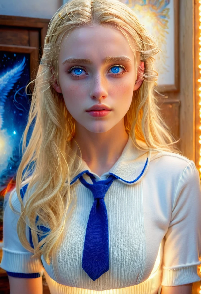 (high nose,White skin),[beautiful blue eyes],pure white knit,Long blonde perm hair,bangs covering the forehead ,upper body, ( masterpiece, top quality, best quality,8K,17 year old girl,very detailed,RAW photos:1.5),(realistic:1.4),(movie lights), PerfectNwsjMajic, , surrealism, UHD, accurate, super detail, textured skin, high detail, best quality, dynamic angle, 