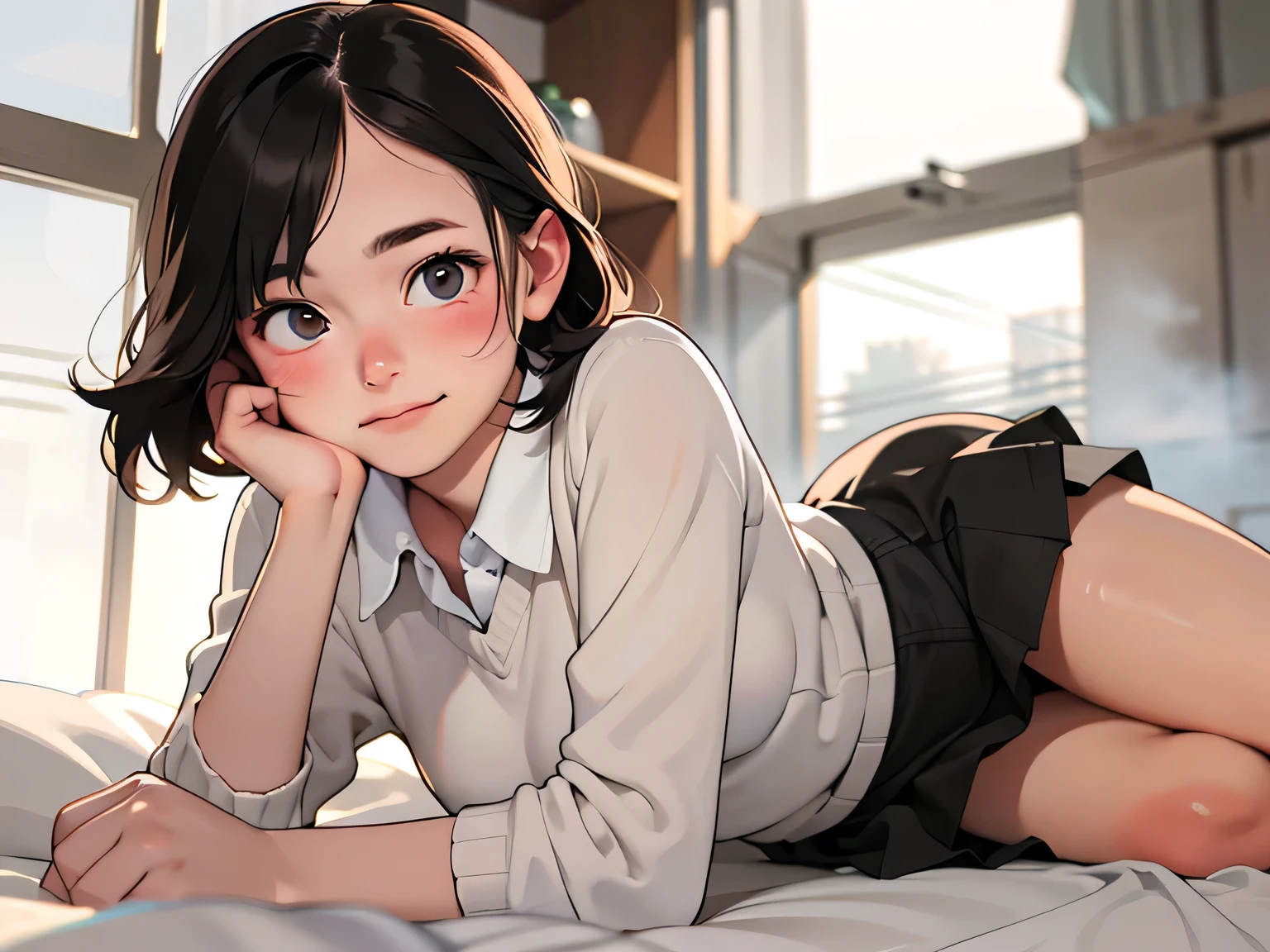 A swedish, American, german, young woman, 20yo, downtown, in large metropolis, collared shirt, sweater, pleated skirt, chuck taylor shoes, smirk ((heavy gaussian blur)), ((soft lighting)), (((extremely hazy:1.2))),, (extremely bright), (dreamy atmosphere), bright vivid colors, (blushing:1.2), lying on a bed