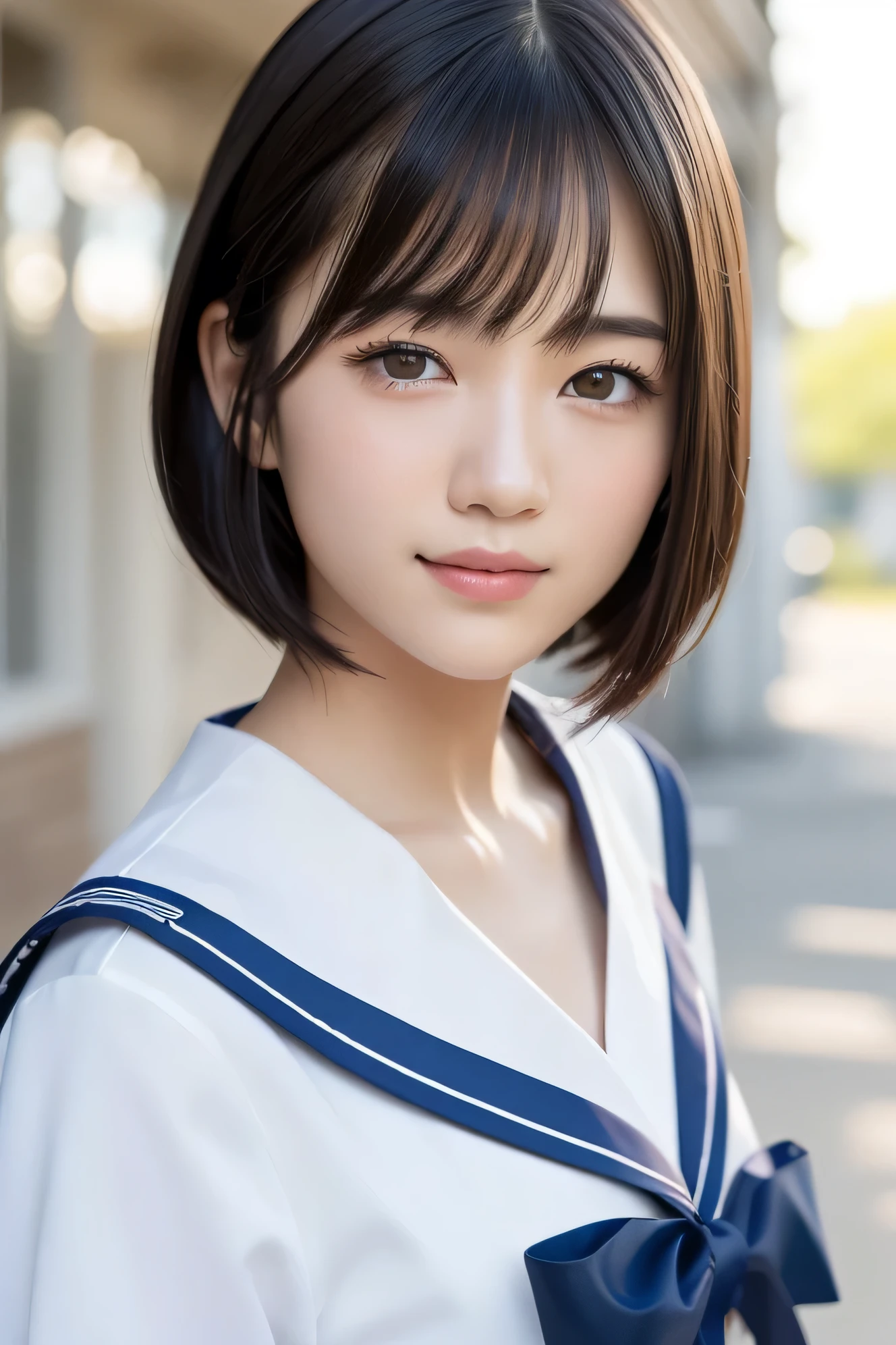 (highest quality:1.5)、(Realistic:1.5)、(1 person:1.5)、(Upper Body:1.5)、Very detailed、High resolution、8k wallpaper、、Small breasts、Natural color lips、Cute Smile、Japanese women、20-year-old girl、Beautiful and elegant face、Perfect and beautiful face、Big eyes、Brunette eyes、Beautiful and elegant face、Natural double eyelids、Natural Bangs、Beautiful thin nose、Beautiful Skin、Chestnut Hair、Medium Bob Hair、Short Hair、Natural Bangs、Perfect and beautiful face、Slim face and figure、(Looking at the camera with a cute expression)、Bright lighting、Professional Lighting、Forward lighting、Cute Smile、School、、Sailor suit、(High School Uniform)、Girls' High School 、Beautiful clavicle、Facing forward、Simple poses、Fair skin、slender、Glowing Skin、Beautiful Skin、(Sailor suit)、