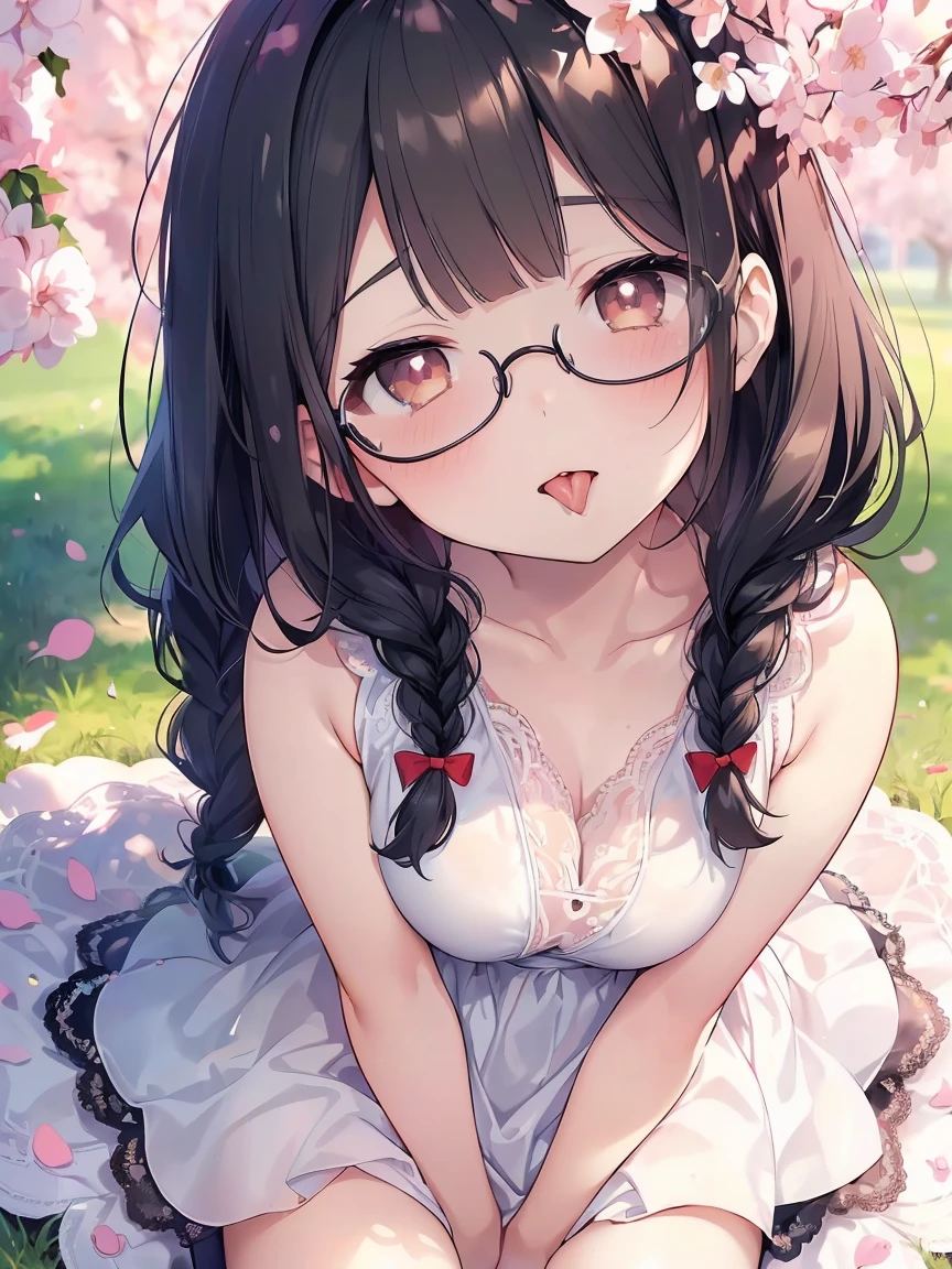 Very detailed, highest quality, High resolution, Moe Anime, ((A cute  with black hair and droopy eyes)), ((Wearing large round glasses:1.4)), (Baby Face), Cute eyes, eye depiction, Sparkle in the eyes, View your viewers, Pale skin, (Big eyes:1.4, Droopy eyes:1.4, Fatty face:1.4), smile, Focus on the face, In the park with cherry blossoms falling, Sitting, (Extreme close up of tongue), (((From above))), Open your mouth, (((Face only:1.3))), ((white lace sleeveless dress)), Bright Eyes, Light from the front, (Put your hands between your legs:1.4), large and long tongue, Cleavage, Braided Hair, Red ribbon