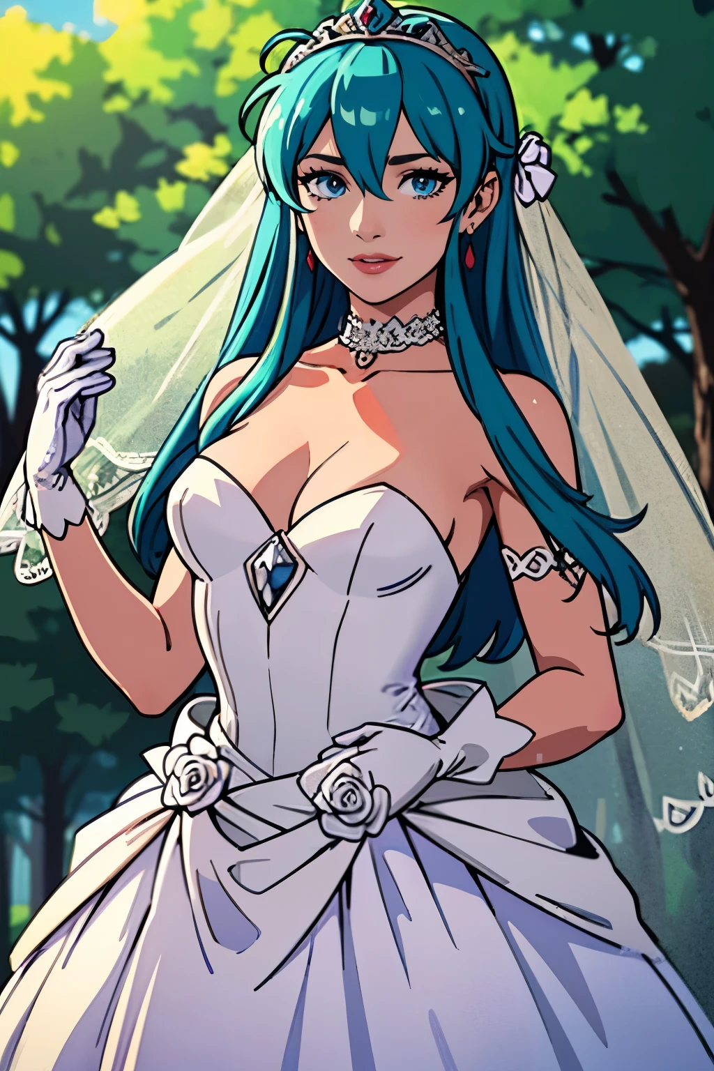 1girl, solo,Eirika fe, crown,earrings ,lipstick, eye shadow, makeup, hair between eyes, ahoge, hair ornament, gloves, dress, cleavage, bare shoulders, collarbone, white oprea gloves, white gloves, white dress, strapless, white choker, tiara, veil, strapless dress, wedding dress, bridal veil, beautiful woman, perfect body, perfect breasts, wearing a wedding dress, ball gown, in the park trees, wedding decorations, looking at the viewer,  smile, realism, masterpiece, textured skin, super detail, high detail, high quality, best quality, 1080p,