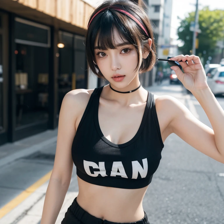 Top image quality、Raw photography、超A high resolution、An 18-year-old woman、Shooting for one person only、Gravure photography、big round chest、cleavage of the breast、tshirts、Tank Tops、a miniskirt、Wearing a black skirt、swim wears、Beautiful Eyes of Details、very elongated eyes、Beautiful eyelashes、Beautiful double eyelids、very slender legs、Shorthair with light brown hair、very slender physique、Laughing、nighttime scene、Stylish Bar