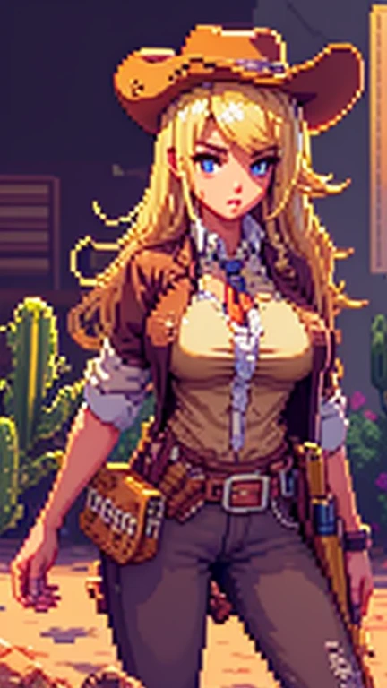 1girl\(cowgirl,cowboy_hat,belt_buckle,blonde hair,hair floating,messy hair,big breast,gun holder,gun,bullet belt,western police badge on breast,shooting shotgun\),background\(outdoor,sunshine,western wilderness,cactus,horse),,quality\(8k,wallpaper of extremely detailed CG unit, ​masterpiece,hight resolution,top-quality,top-quality real texture skin,hyper realisitic,increase the resolution,RAW photos,best qualtiy,highly detailed,the wallpaper,cinematic lighting,ray trace,golden ratio\),dynamic pose,dynamic angle,(((pixel))),(((pixelart)))