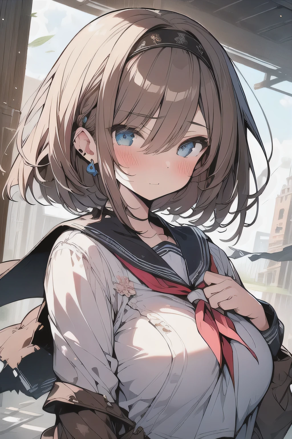 (best quality), (Super detailed), (Best Illustration), (masterpiece), (woman), {(white serafuku:1.2)}, torn clothes, dirty clothes, (large breasts:1.2), {brown hair, (sideburns), (bob cut:1.3), curly hair, hairs between eyes, colored inner hair}, {(detailed eyes), blue eyes}, blush, earring, wind, hair band, botanical ruins
