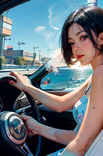 Woman driving a classic car　30 years old　Black Hair　short hair　A depiction of someone holding the wheel and driving　profile　summer coastline　Heavy smoker　One-handed driving　Cigarette in mouth