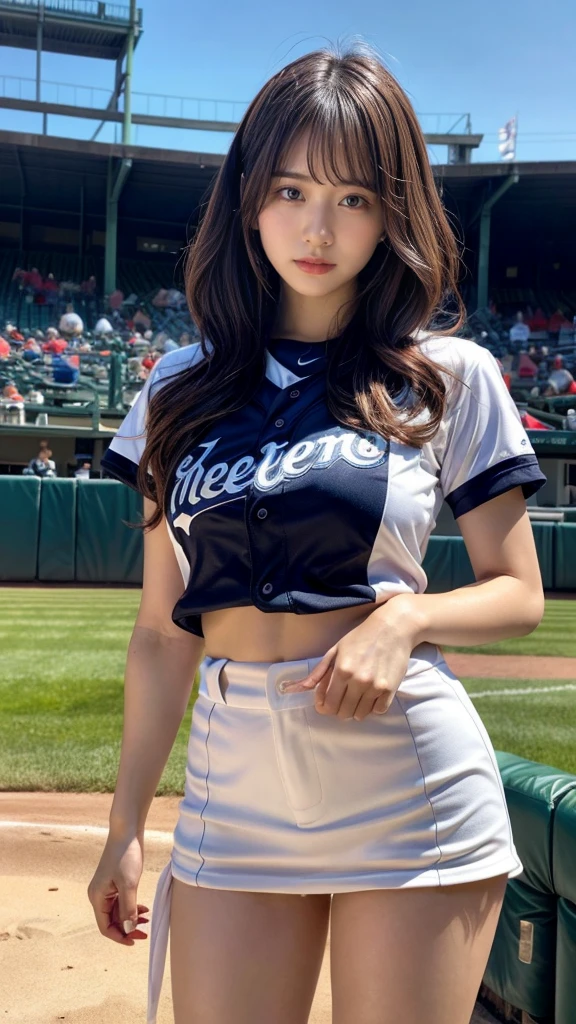 muste piece, best quality, illustration, Super detailed, fine details, High resolution, 8K,wall paper, perfect dynamic composition,(Details High quality, realistic depiction of eyes:1.3), short hair, (wavy hair:1.2), Baseball Stadium, (Sexy Baseball Uniforms), a miniskirt, Toned buttocks, huge breasts, ponytail, black hair color, Big Natural Color Lip, bold sexy pose, crying a little、cold gaze, Harajuku style、20 year old girl、cute type、ta、beautiful legs, full body photo、focus on crotch, hposing Gravure Idol
