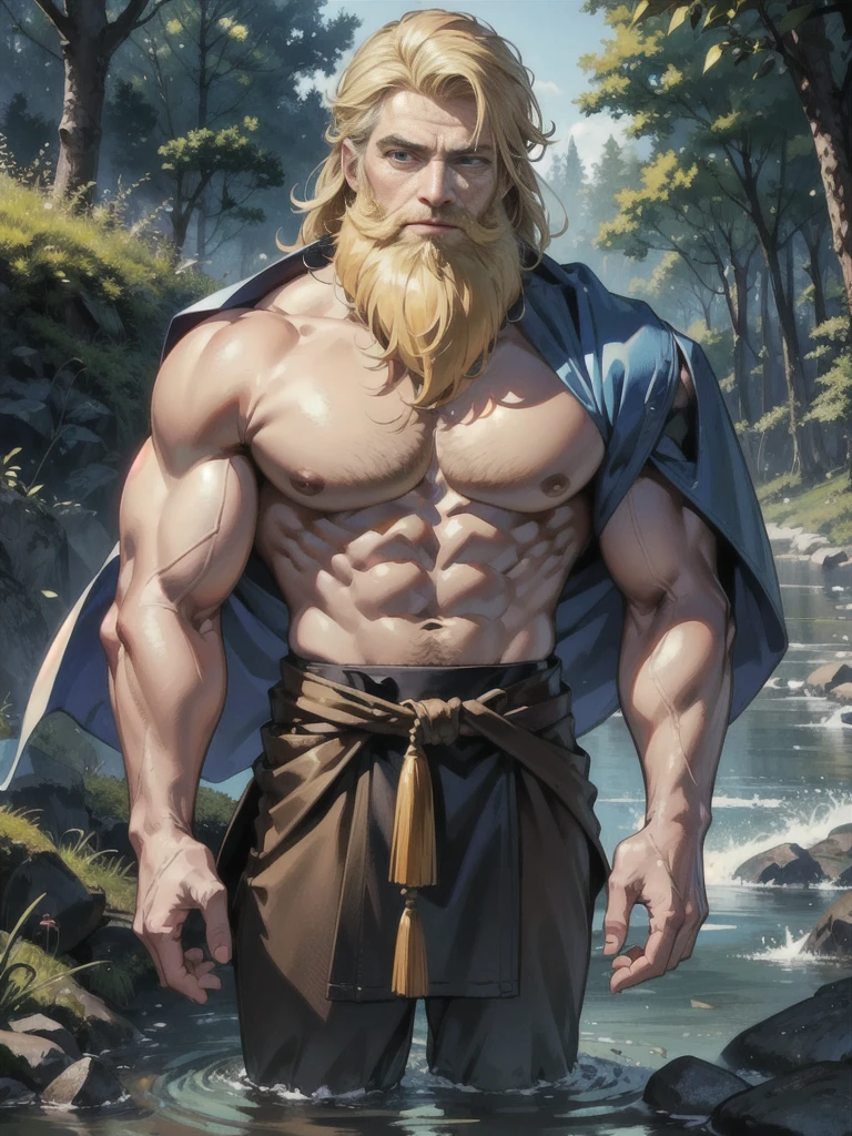 (best quality), masterpiece, ultra-detailed, old guy, beard, muscular physique,full body portrait,blonde hair, intense blue eyes, stream, forest, hairly chest, loincloth