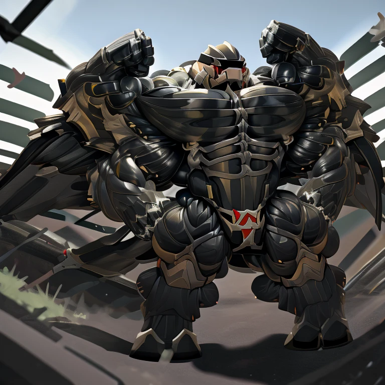 8K, Masterpiece, highres, future fiction. black visor, Detailed head, Detailed Body, full body, BLACK COLOR, Detailed abs, wearing crNanosuit, big muscle (pecs, triceps, traps) unusually developed muscular body, body full of huge muscles. showing off muscles, pectorales enormes. Exaggeratedly huge muscles. Gigachad Muscular, gigantic muscles, Colossal giant NANOSUIT over a battlefield, The cloak is so long that it touches the ground, crossed arms. 
The claws are sharp,
Sharp teeth,
have big wings.
whole body shines like metal. nj5furry,