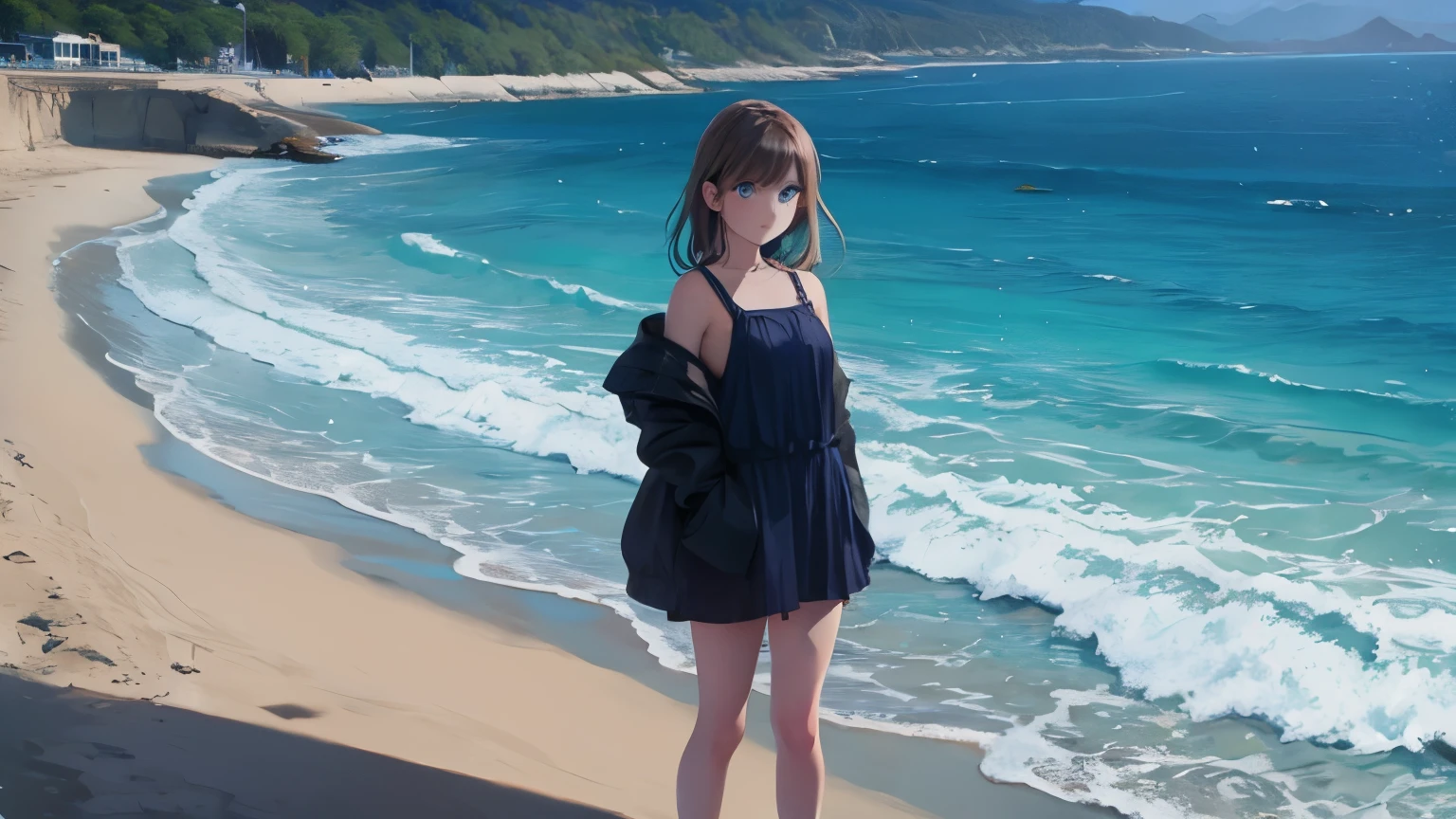 Blue eyed girl next to a river beach made of dark sands