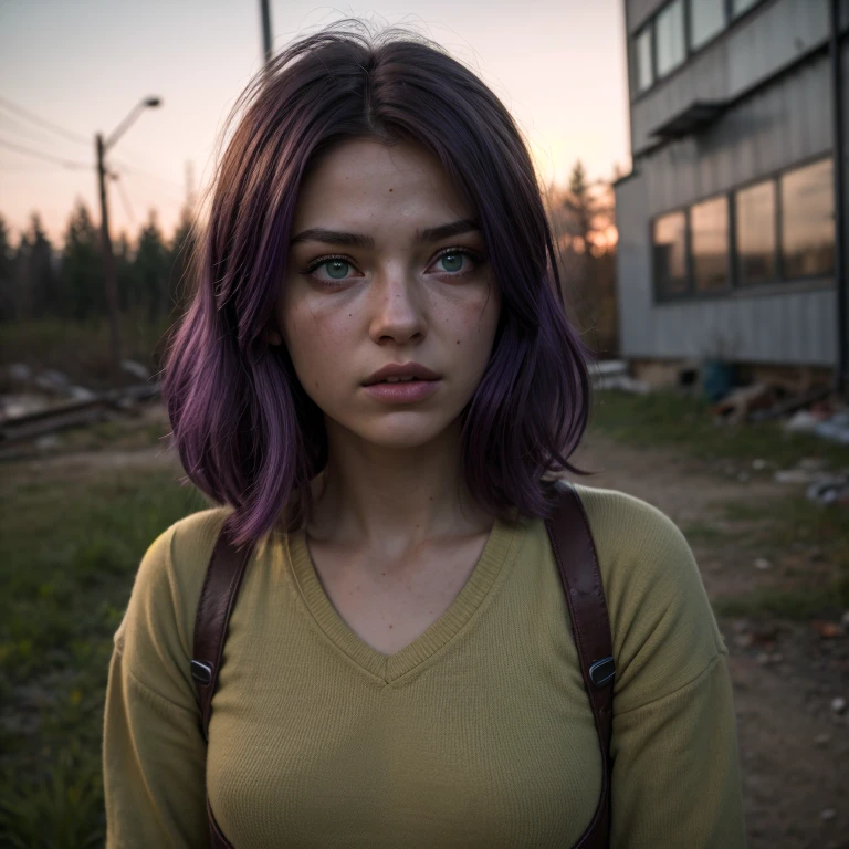 Girl wears open combenison, Chernobyl exclusion zone, S.T.A.L.K.E.R, purple hair, green eyes, scar above her left eyebrow, unarmed, scared.