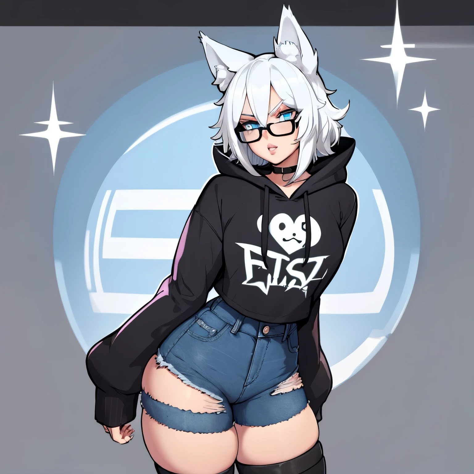 Single boy, Anime boy, Short, Long white hair, wolf ears, wolf tail, blue eyes, wearing short denim shorts, thigh high fishnets, black combat boots, oversized cropped hoodie, flat chest, super flat chest, solo femboy, only one femboy ((FLAT CHEST)) solo, alone, (SOLO)(ALONE) thicc thighs, wide hips, blue eyes, perfect eyes, perfect face, pouty lips, happy, curvy, sparkly blue eyes, wearing large round glasses