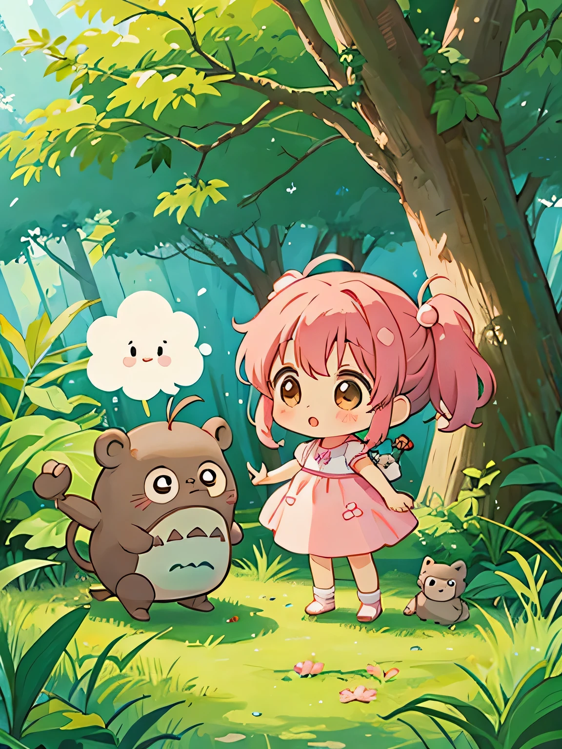 Momoko Sakura style, Kawaii Design, The most beautiful girl of all time、Chibi, monkey, play together、Totoro Forest