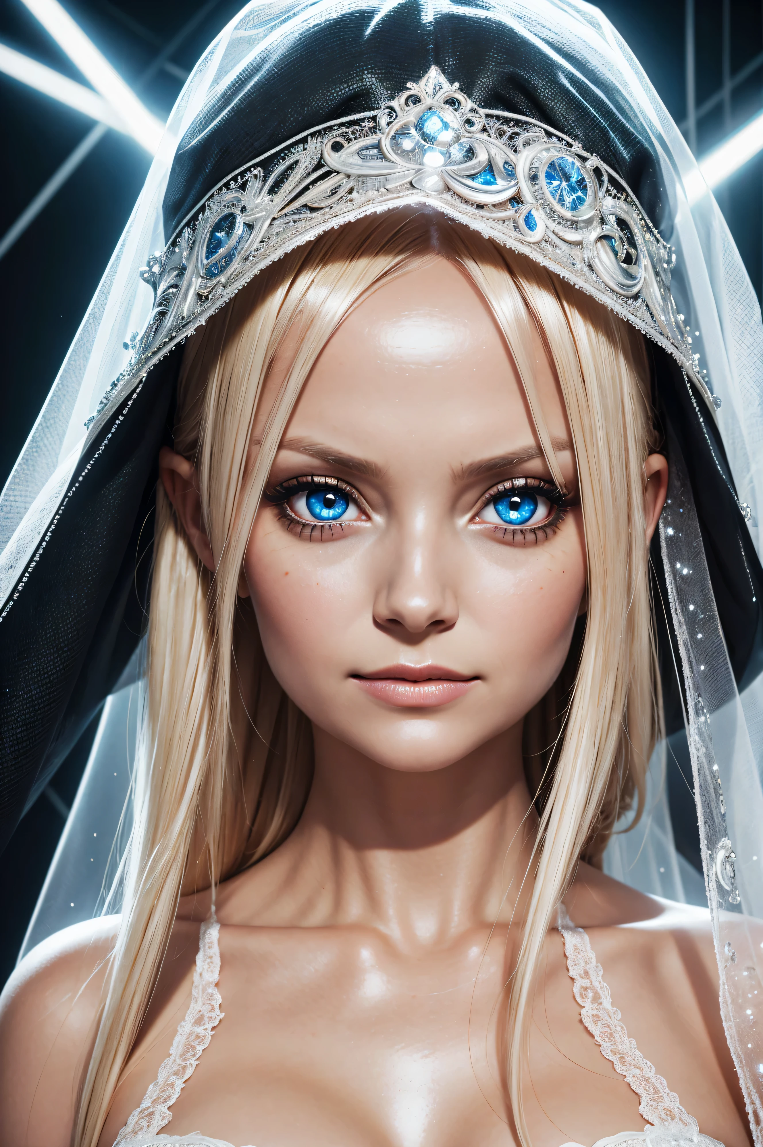 Emma Bunton, wearing veil bride latex costume transparent. professionally retouched, soft lighting, realistic, smooth face, perfect eyes, sharp focus on eyes, 8 k, high definition, insanely detailed, intricate, elegant. against the background of a sex shop.