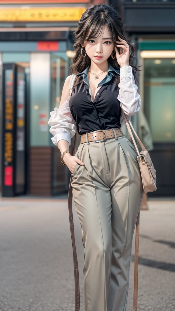 (RAW shooting:1.3, Realistic, 16k, highest quality, masterpiece, Ultra-high resolution), Highly detailed skin and facial textures:1.2, Perfect dynamic composition:1.2, (Modern street corner at night, Expressions of sadness:0.7), Slim schoolgirl:1.0, Fair skin, Perfect Style:1.0, beautifully、beautiful, Very beautiful face:1.0, ???? beauty, (Linen pants:1.0, Sleeveless blouse:1.0), Woven Belt, (Shapely ???????, ????? gap), (Big eyes that exude beautiful ?????????, Lips that exude beautiful ?????????), (??????????, charm), Full body portrait, Shoulder bag, necklace, Earrings, bracelet, clock, ribbon