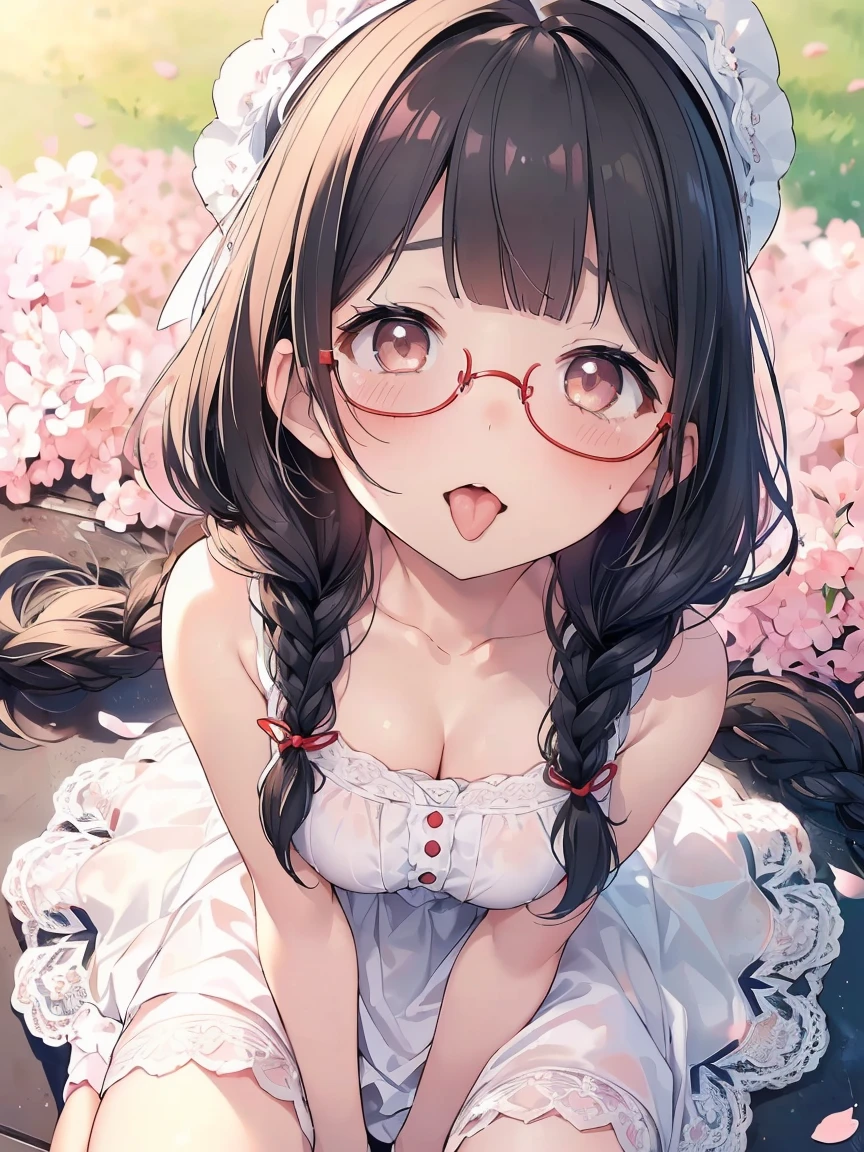 Very detailed, highest quality, High resolution, Moe Anime, ((A cute elementary school girl with black hair and droopy eyes)), ((Wearing large round glasses:1.4)), (Baby Face), Cute eyes, Detailed eye depiction, Sparkle in the eyes, View your viewers, Pale skin, (Big eyes:1.4, Droopy eyes:1.4, Fatty face:1.4), smile, Focus on the face, In the park with cherry blossoms falling, Sitting, (Extreme close up of tongue), (((From above))), Open your mouth, (((Face only:1.3))), ((white lace sleeveless dress)), Bright Eyes, Light from the front, (Put your hands between your legs:1.4), large and long tongue, Cleavage, Braided Hair, Red ribbon