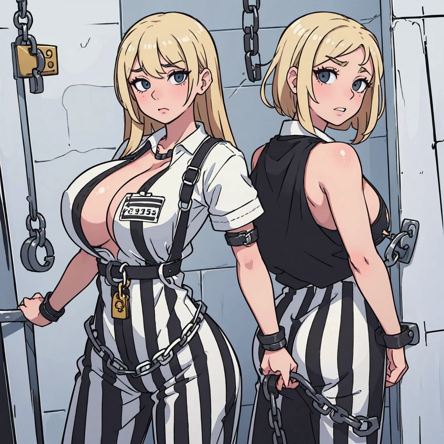 Mugshot, looking at viewer, behind bars, huge breast, prisoner, striped prison jumpsuit, black & white stripes, ahegao, handcuffs, chained, restrainged, shackles, dominated, stripes white & black, jail cell, locked up, Blonde, neckline, big ass