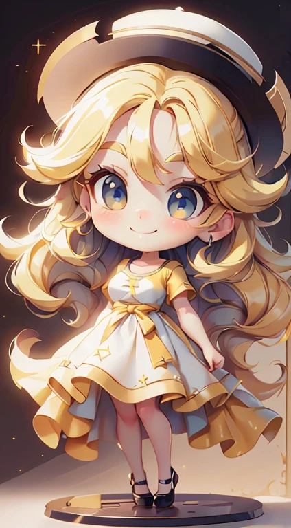 1 girl， Chibi T-shirt， Yellow Hair， Luxury Fabric，，deep， Looking at the audience， White Background、pretty girl、Mischievous look、Luxury Dresses、Best image quality、masterpiece、Straight hair、hat、Cute Girls、smile、high resolution、Ultra delicate、Cute eyes