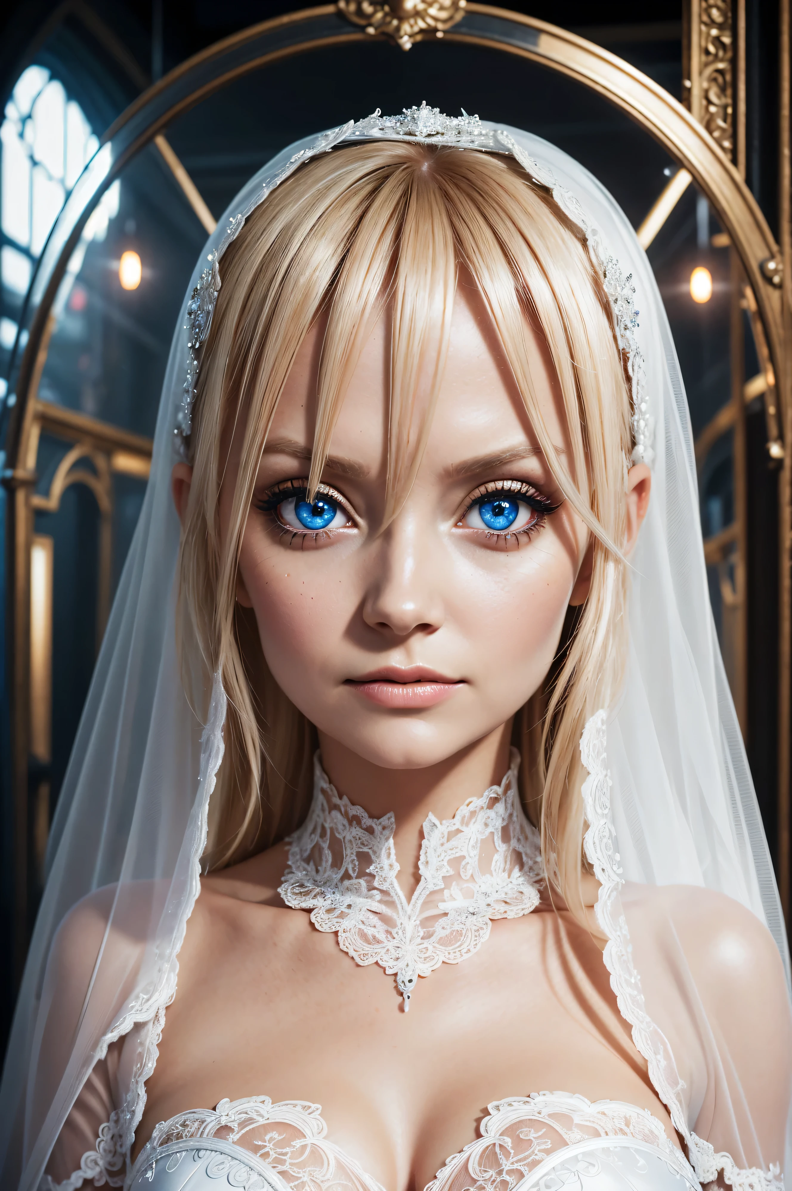 Emma Bunton, wearing veil bride latex costume transparent. professionally retouched, soft lighting, realistic, smooth face, perfect eyes, sharp focus on eyes, 8 k, high definition, insanely detailed, intricate, elegant. against the background of a sex shop.