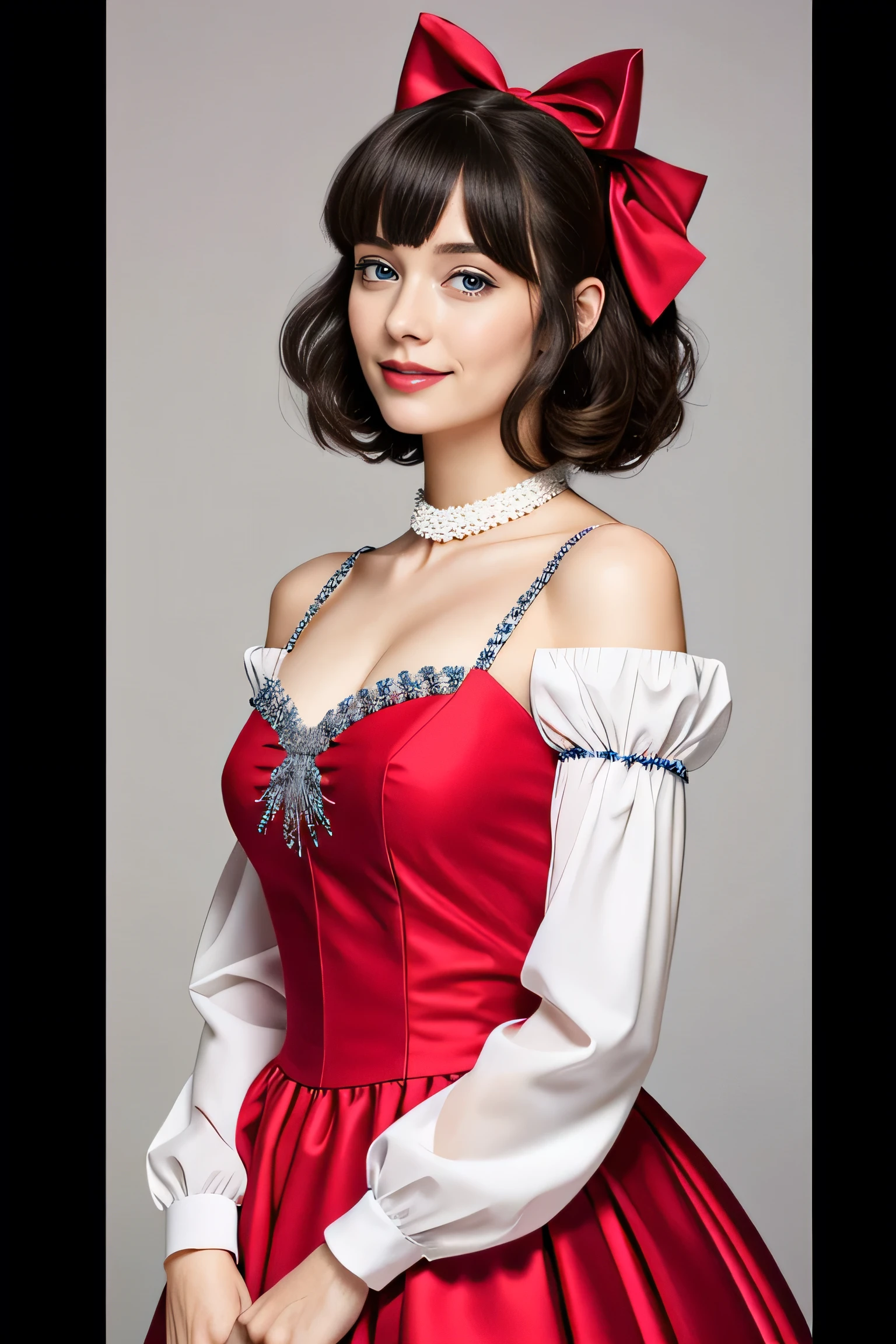 ((masterpiece), (Realistic), highest quality:1, High resolution, 4K, super High resolution), One girl, dress, view your viewers, lanthanum, long sleeve, red dress, candy, bangs, alone, Puffy sleeves, blue eyes, black bow, Gray Hair, bow, short hair, jewelry, Juliet Sleeve, Lollipop, blush, Mouth closed, hair bow, Full body portrait, little smile,