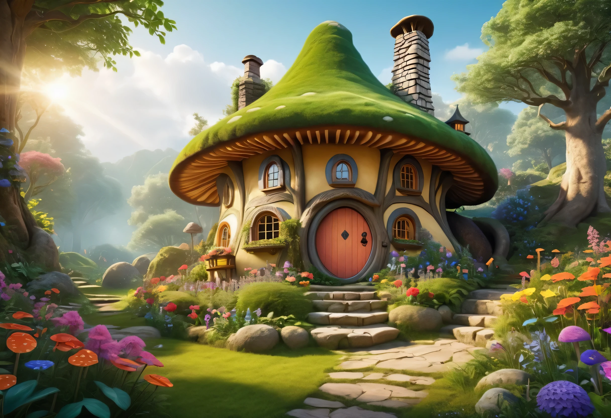 (Mysterious fantasy forest,Dense trees,A strange and cute little tree:1.5),Hobbit Cottage, vividly depicted in the work (best quality, 8k, Advanced Solutions, masterpiece: 1.2), With super detailed details, (1.4 倍Reality, Reality: 1.37). This dreamy forest is made up of bright colors,Bathed in the warm sunshine, create cheerfulness、whimsical atmosphere. The house was designed with great attention to detail, Featuring complex designs and unique architecture, Similar to a mushroom-shaped house。 (This dreamy forest is surrounded by lush greenery and colorful flowers), Enhance enchanting and magical environments。 The artwork demonstrates an illustrative style, Inspired by children's book illustrations, Ensures a charming and nostalgic touch. The color palette consists of bright rainbow colors, Seven colors,Evoke feelings of joy and playfulness. Lighting sets off the picturesque scene, Create soft, warm shadows,Add depth and warmth to artwork. Every detail is impeccably presented, Create visually stunning masterpieces,Capture the essence of Fantasy Forest.