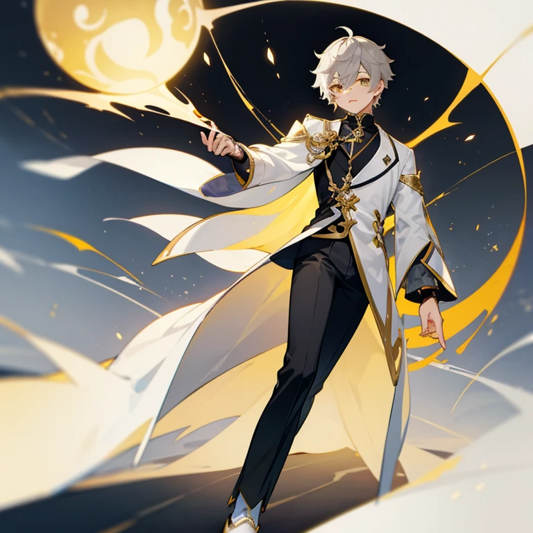 Aether from Genshin Impact. Grey Hair. Golden Eyes. Short hair. 1boy. White coat with golden details. Black pants and shoes.