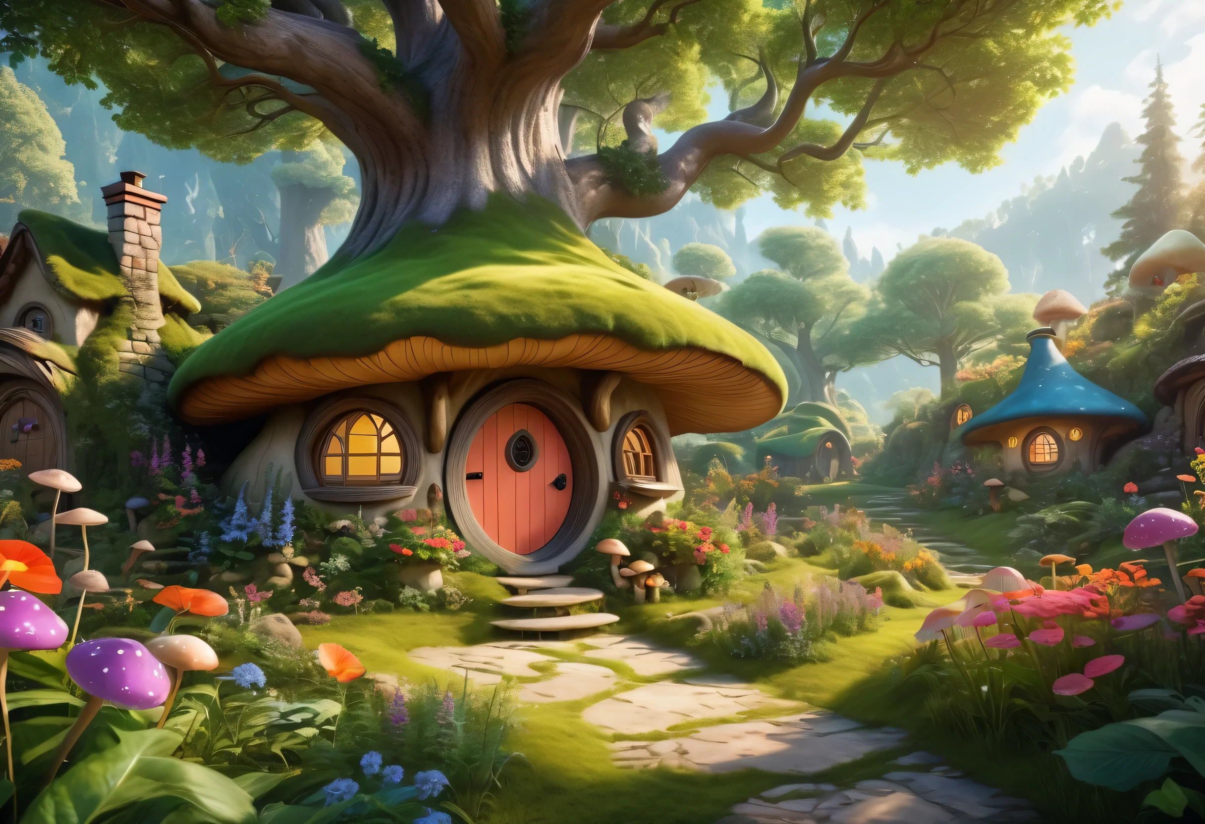 (Mysterious fantasy forest，Dense trees，A strange and cute little tree:1.5)，Hobbit Cottage, vividly depicted in the work (best quality, 8k, Advanced Solutions, masterpiece: 1.2), With super detailed details， (1.4 倍Reality, Reality: 1.37). This dreamy forest is made up of bright colors，Bathed in the warm sunshine, create cheerfulness、whimsical atmosphere. The house was designed with great attention to detail, Featuring complex designs and unique architecture, Similar to a mushroom-shaped house。 (This dreamy forest is surrounded by lush greenery and colorful flowers), Enhance enchanting and magical environments。 The artwork demonstrates an illustrative style, Inspired by children&#39;s book illustrations, Ensures a charming and nostalgic touch. The color palette consists of bright rainbow colors, Seven colors，Evoke feelings of joy and playfulness. Lighting sets off the picturesque scene, Create soft, warm shadows，Add depth and warmth to artwork. Every detail is impeccably presented, Create visually stunning masterpieces，Capture the essence of Fantasy Forest.